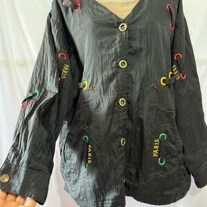 Vintage Boutique Paris Embroidered Jacket – Black Crinkle Button Front